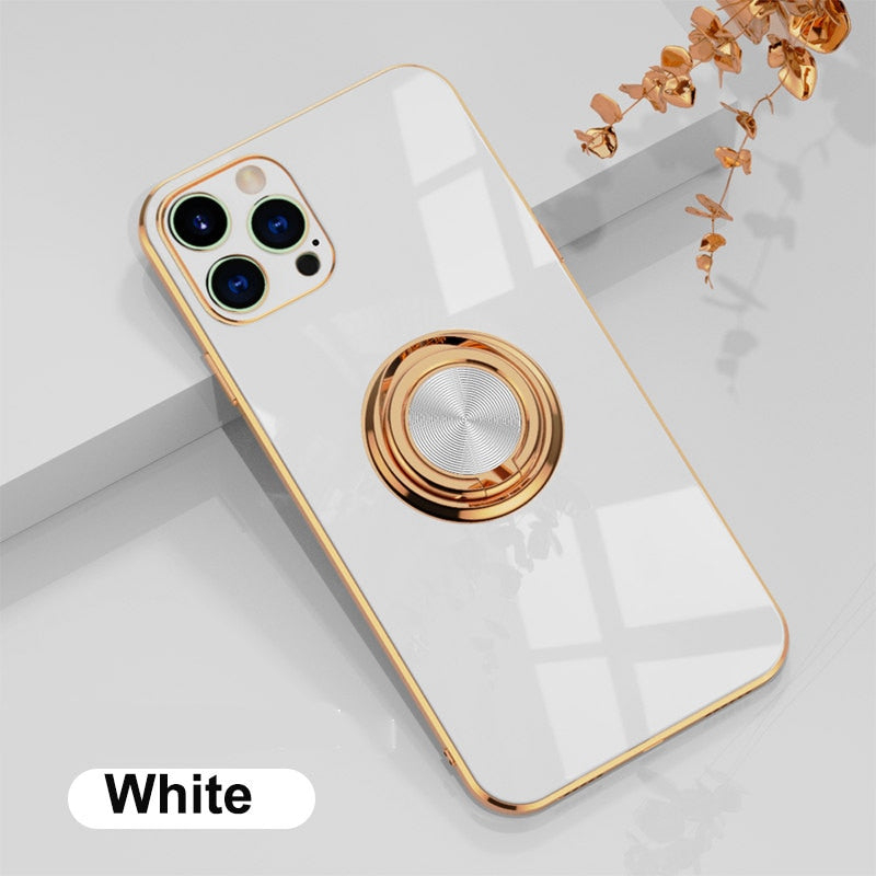 Luxury Ring Case For iPhone 12 13 Pro Max  13 14 Plating Silicone TPU Soft Cover With Ring Holder Stand