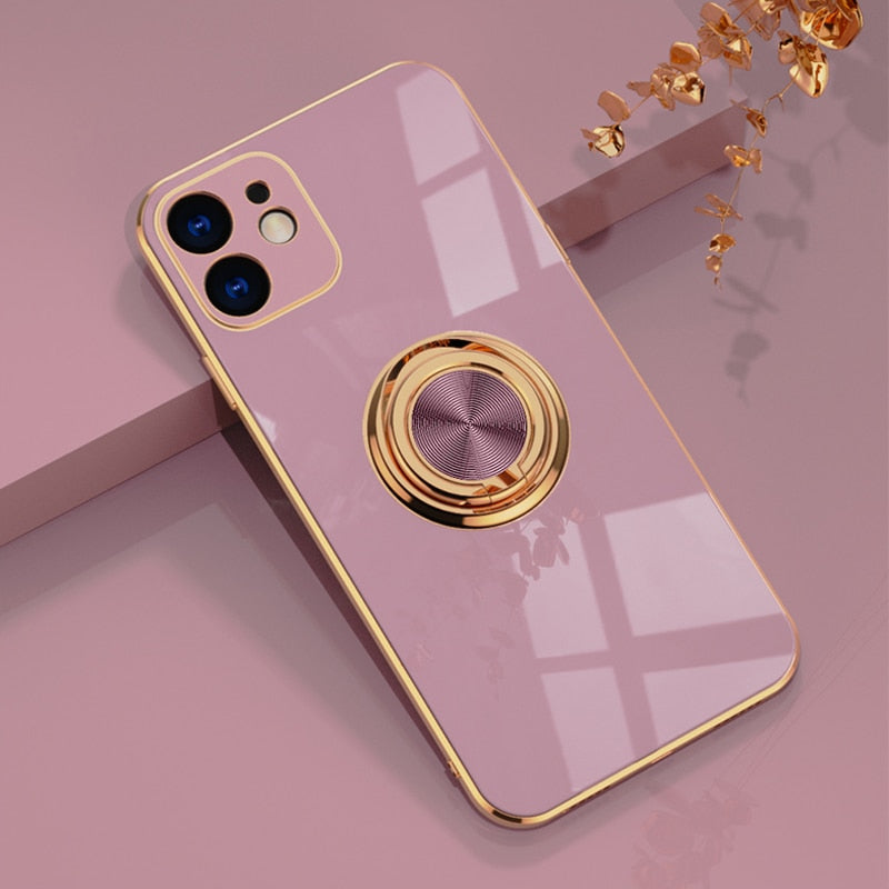 Luxury Ring Case For iPhone 12 13 Pro Max  13 14 Plating Silicone TPU Soft Cover With Ring Holder Stand