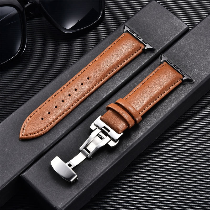 Casual Leather Watch Band for Apple Watch 8 7 6 5 4 3 Butterfly Buckle Straps 38mm 40mm 41mm 42mm 44mm 45mm Bracelet for iwatch