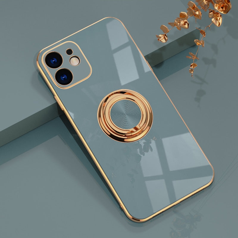 Luxury Ring Case For iPhone 12 13 Pro Max  13 14 Plating Silicone TPU Soft Cover With Ring Holder Stand