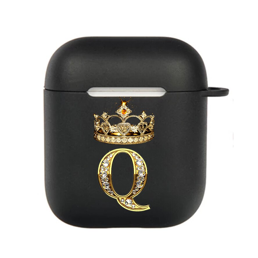 Diamond Crown Letter Airpods Case for AirPods Pro2 3 2 1 Pro Black Wireless Bluetooth Earphone Box Cute A-z Cover