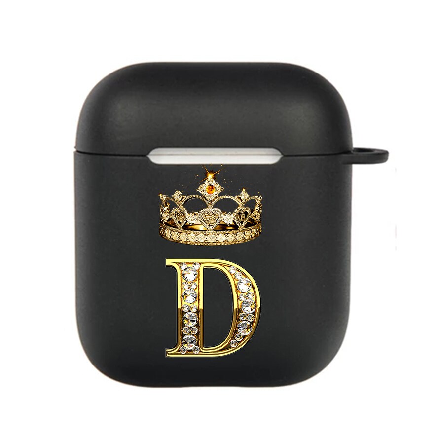 Diamond Crown Letter Airpods Case for AirPods Pro2 3 2 1 Pro Black Wireless Bluetooth Earphone Box Cute A-z Cover