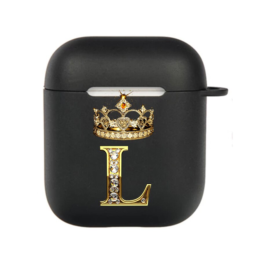 Diamond Crown Letter Airpods Case for AirPods Pro2 3 2 1 Pro Black Wireless Bluetooth Earphone Box Cute A-z Cover