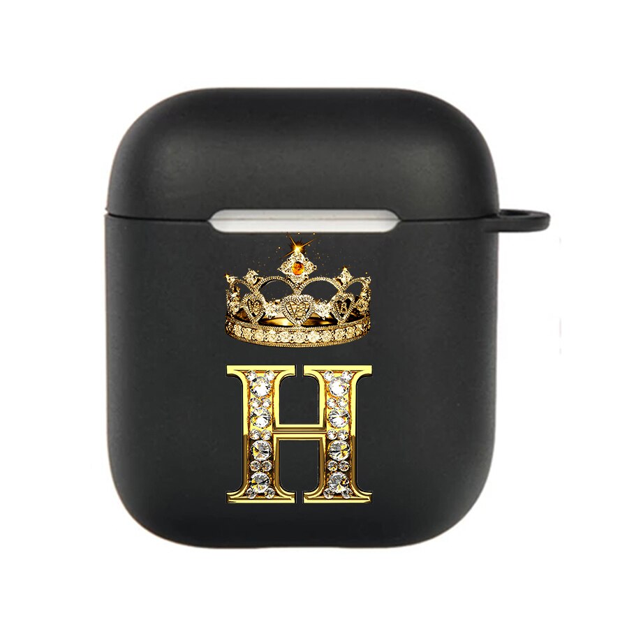 Diamond Crown Letter Airpods Case for AirPods Pro2 3 2 1 Pro Black Wireless Bluetooth Earphone Box Cute A-z Cover