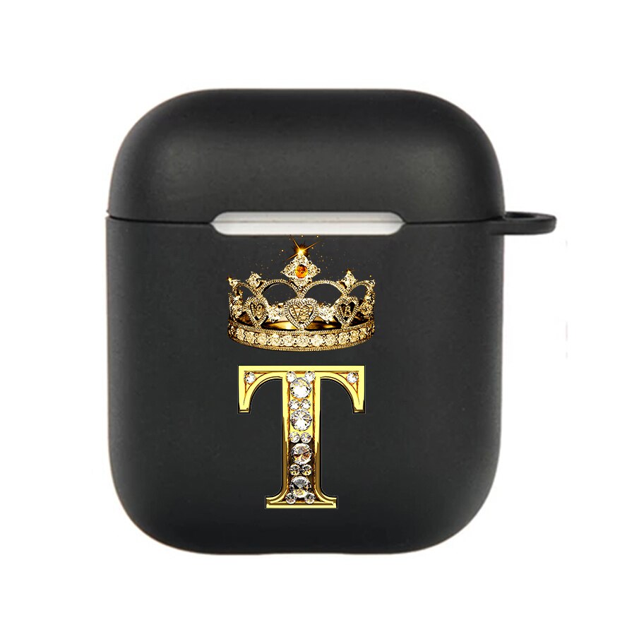 Diamond Crown Letter Airpods Case for AirPods Pro2 3 2 1 Pro Black Wireless Bluetooth Earphone Box Cute A-z Cover