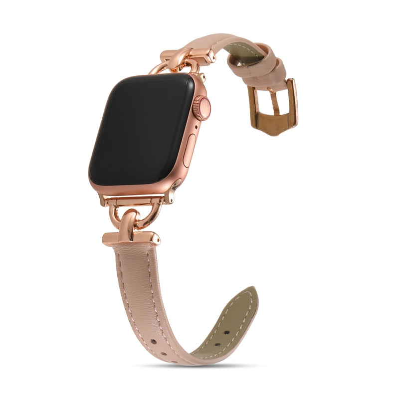 Leather Slim Watchband For Apple Watch Band 41MM 45MM 40mm 44mm 38mm  42mm Series 7 SE 6 5 4 3 2 1 Woman Thin Correa Wrist Strap