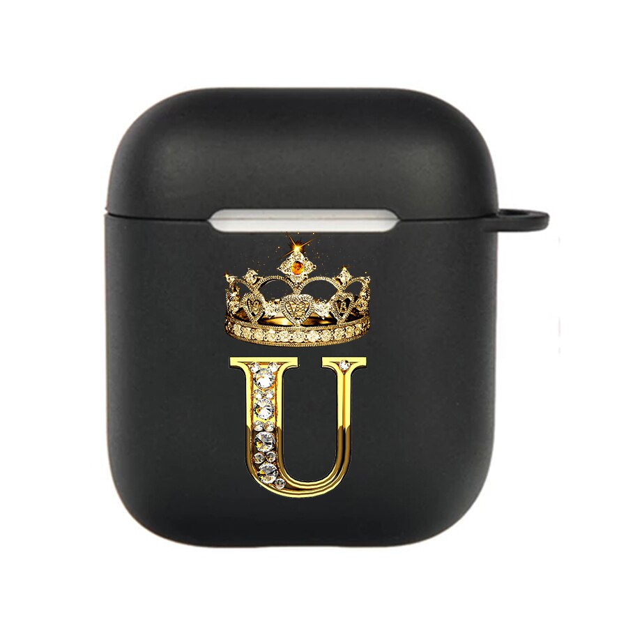 Diamond Crown Letter Airpods Case for AirPods Pro2 3 2 1 Pro Black Wireless Bluetooth Earphone Box Cute A-z Cover