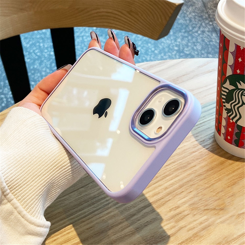 Luxury Transparent Metal Lens Protection Case For iPhone 14 13 12 Mini Silicone Bumper Shockproof Cover