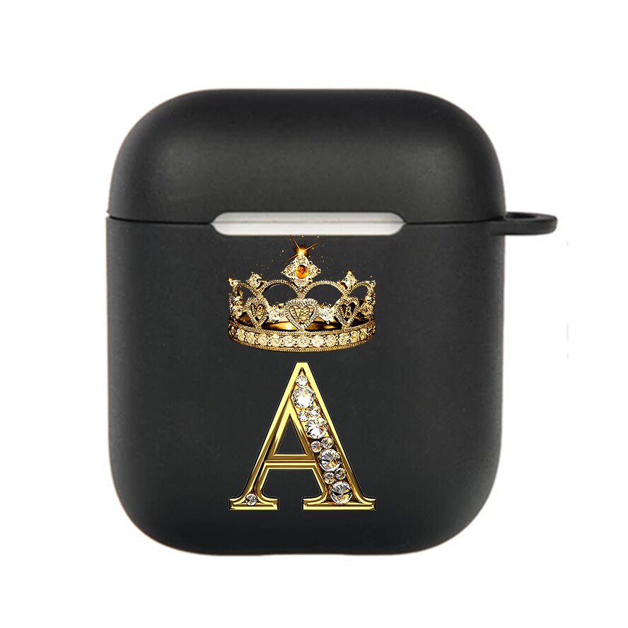 Diamond Crown Letter Airpods Case for AirPods Pro2 3 2 1 Pro Black Wireless Bluetooth Earphone Box Cute A-z Cover