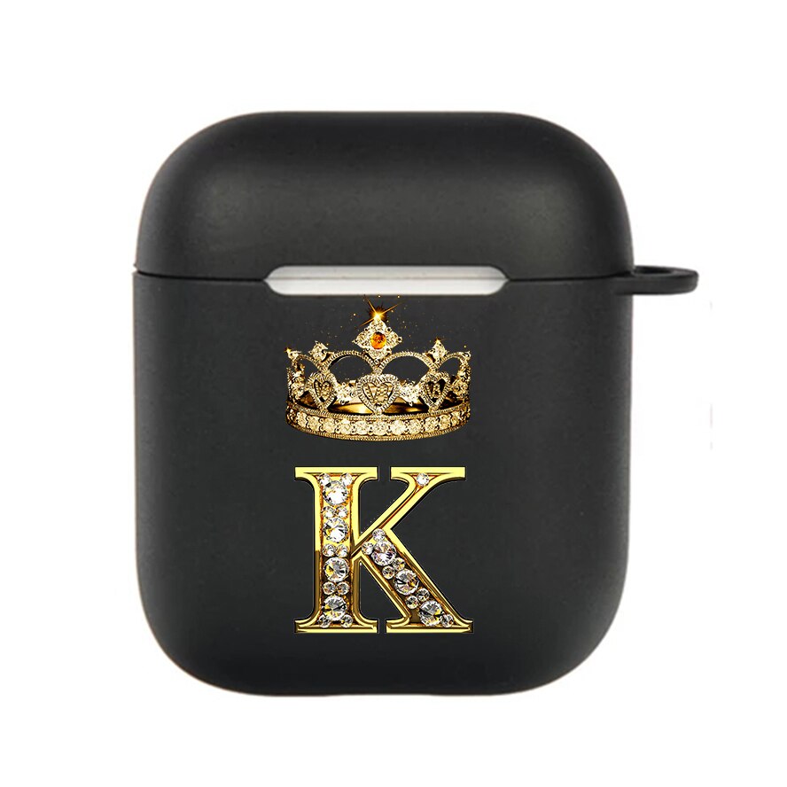 Diamond Crown Letter Airpods Case for AirPods Pro2 3 2 1 Pro Black Wireless Bluetooth Earphone Box Cute A-z Cover