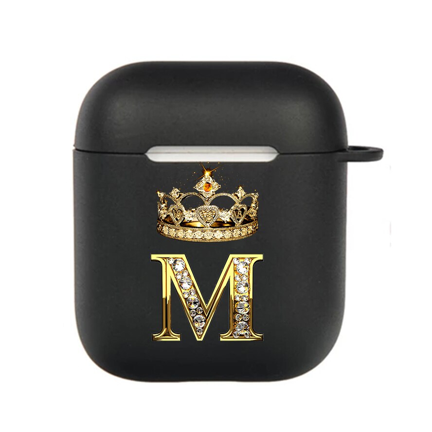 Diamond Crown Letter Airpods Case for AirPods Pro2 3 2 1 Pro Black Wireless Bluetooth Earphone Box Cute A-z Cover