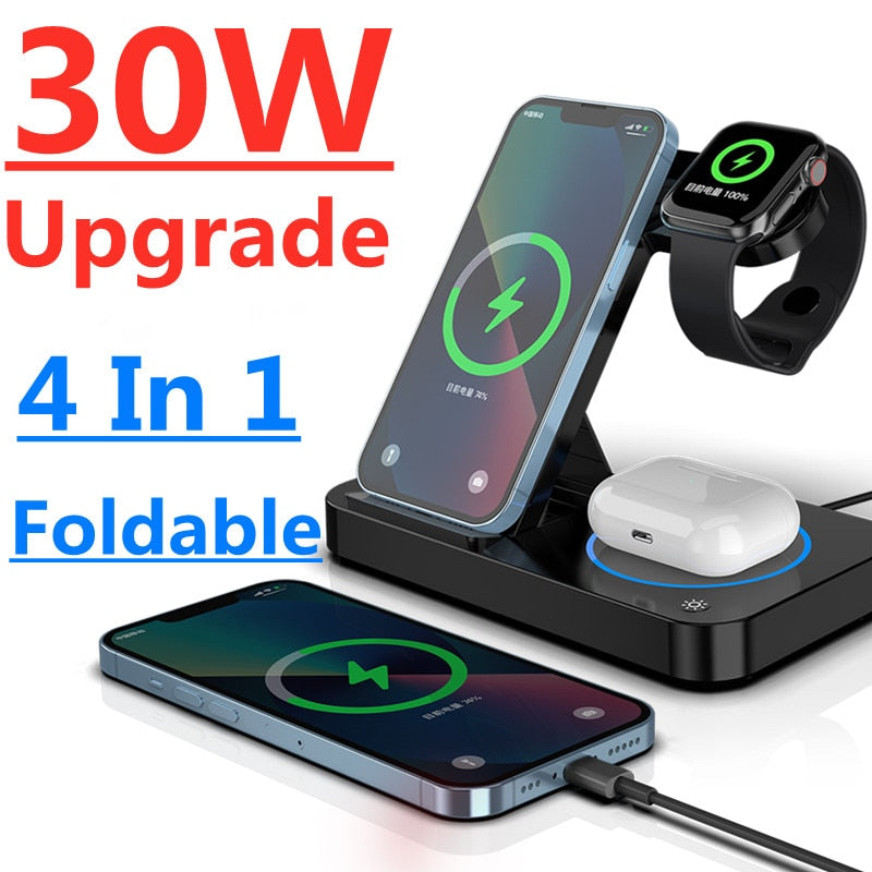 30W 4 in 1 Qi Fast Wireless Charger Stand For iPhone 14 13 12 Apple Watch Foldable Charging Dock Station for Airpods Pro iWatch