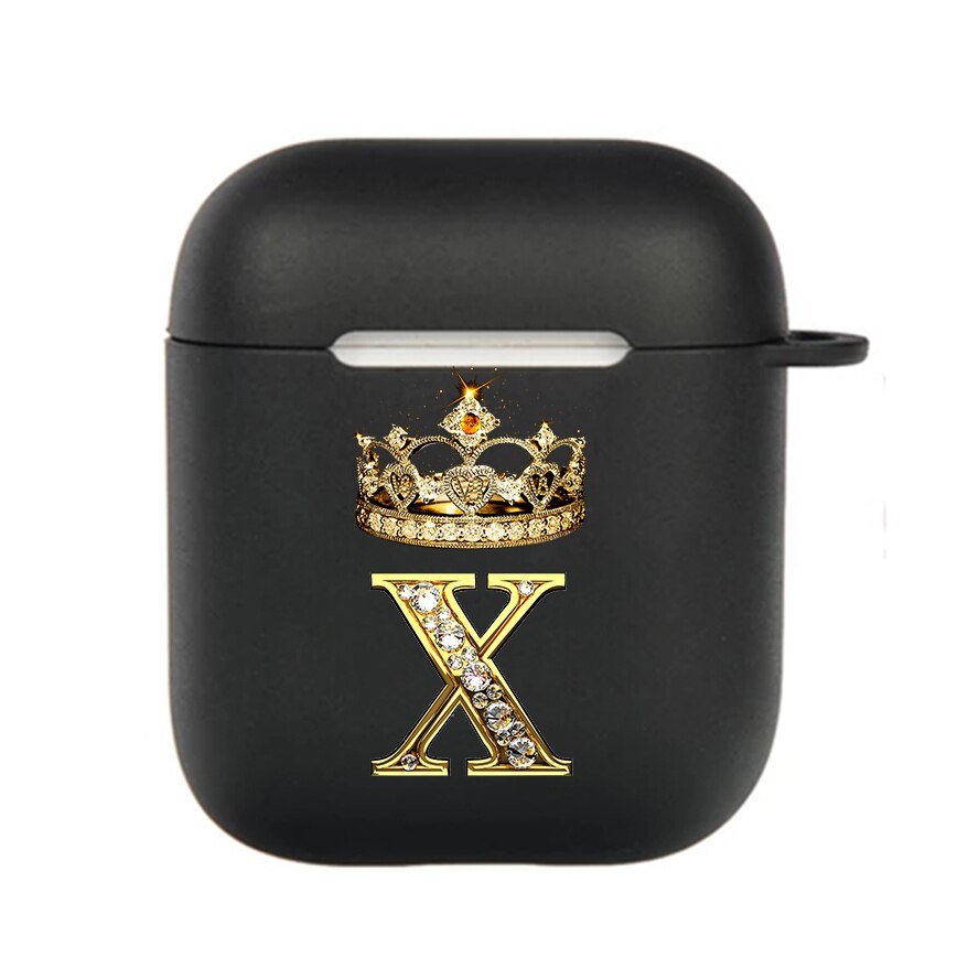 Diamond Crown Letter Airpods Case for AirPods Pro2 3 2 1 Pro Black Wireless Bluetooth Earphone Box Cute A-z Cover