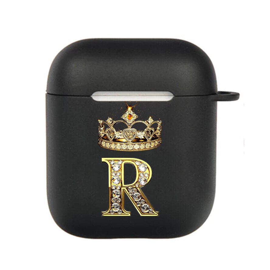 Diamond Crown Letter Airpods Case for AirPods Pro2 3 2 1 Pro Black Wireless Bluetooth Earphone Box Cute A-z Cover