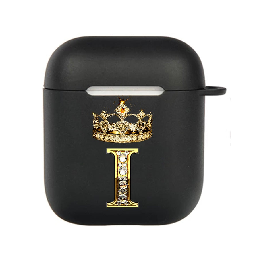 Diamond Crown Letter Airpods Case for AirPods Pro2 3 2 1 Pro Black Wireless Bluetooth Earphone Box Cute A-z Cover