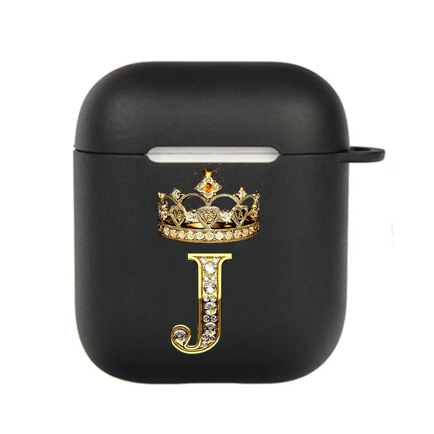 Diamond Crown Letter Airpods Case for AirPods Pro2 3 2 1 Pro Black Wireless Bluetooth Earphone Box Cute A-z Cover