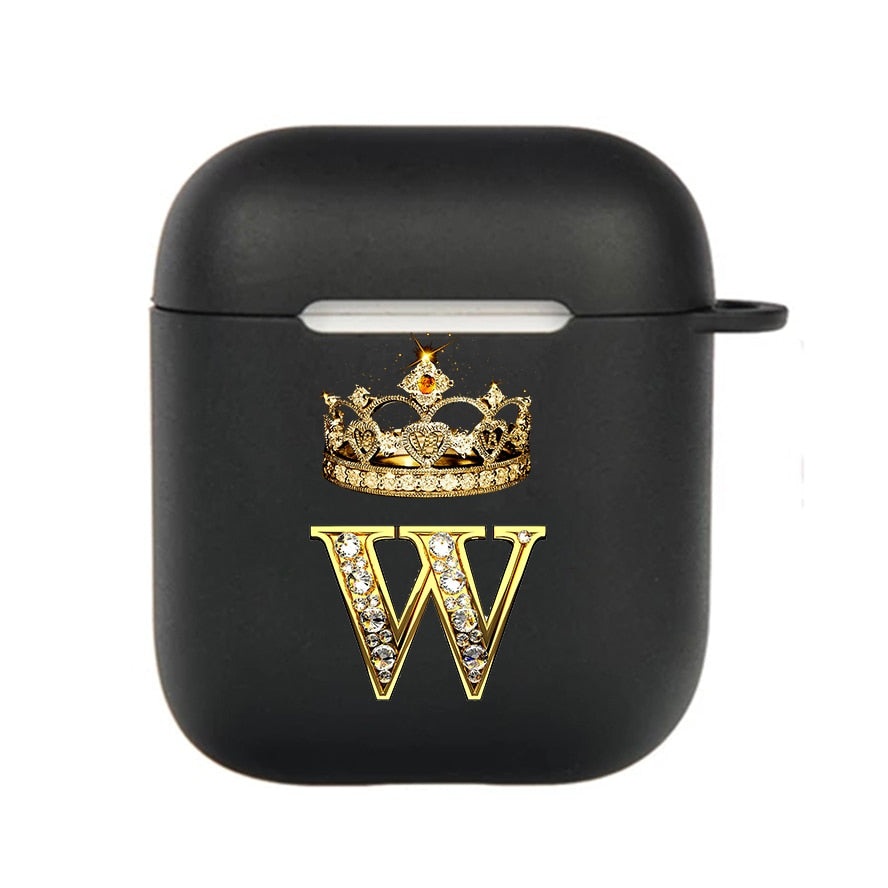 Diamond Crown Letter Airpods Case for AirPods Pro2 3 2 1 Pro Black Wireless Bluetooth Earphone Box Cute A-z Cover