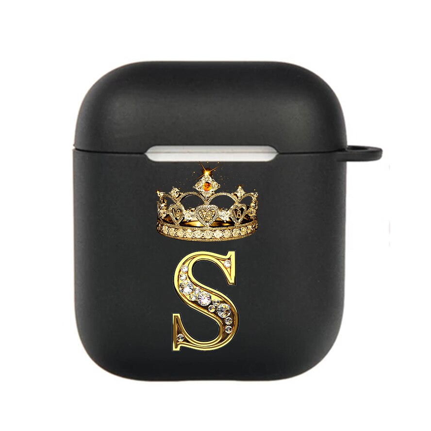 Diamond Crown Letter Airpods Case for AirPods Pro2 3 2 1 Pro Black Wireless Bluetooth Earphone Box Cute A-z Cover