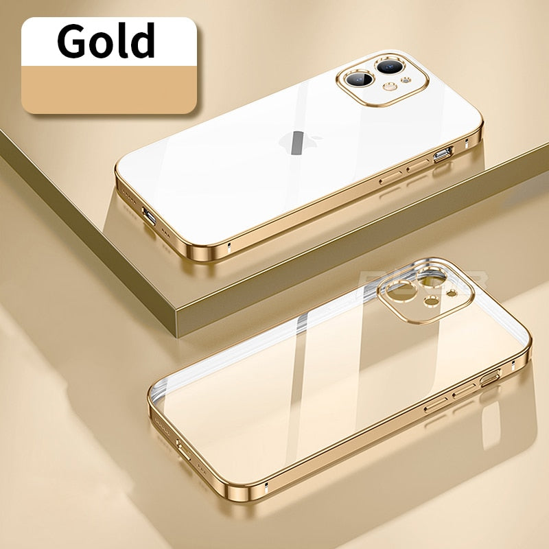 Luxury Soft Silicone Case for iPhone 14 13 12 11 Pro Max mini XR X XS Plating Square Frame Shockproof camera protect Clear TPU