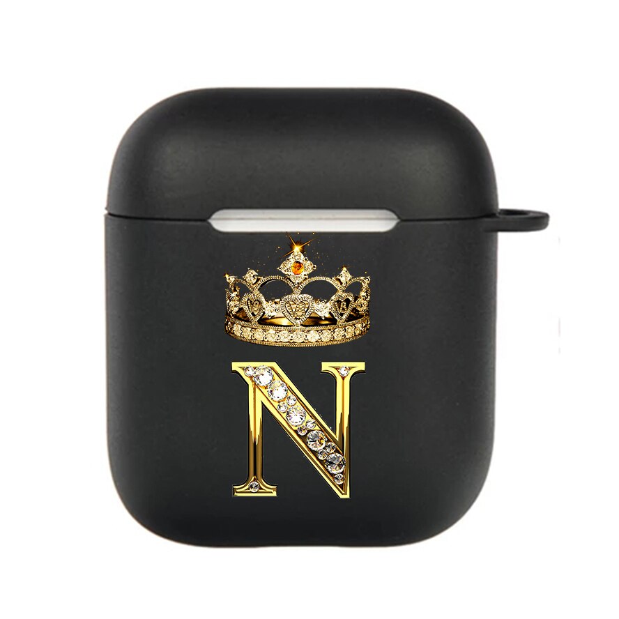 Diamond Crown Letter Airpods Case for AirPods Pro2 3 2 1 Pro Black Wireless Bluetooth Earphone Box Cute A-z Cover