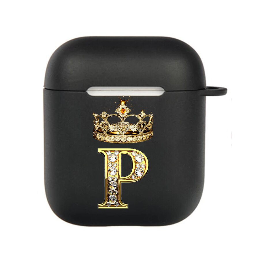 Diamond Crown Letter Airpods Case for AirPods Pro2 3 2 1 Pro Black Wireless Bluetooth Earphone Box Cute A-z Cover