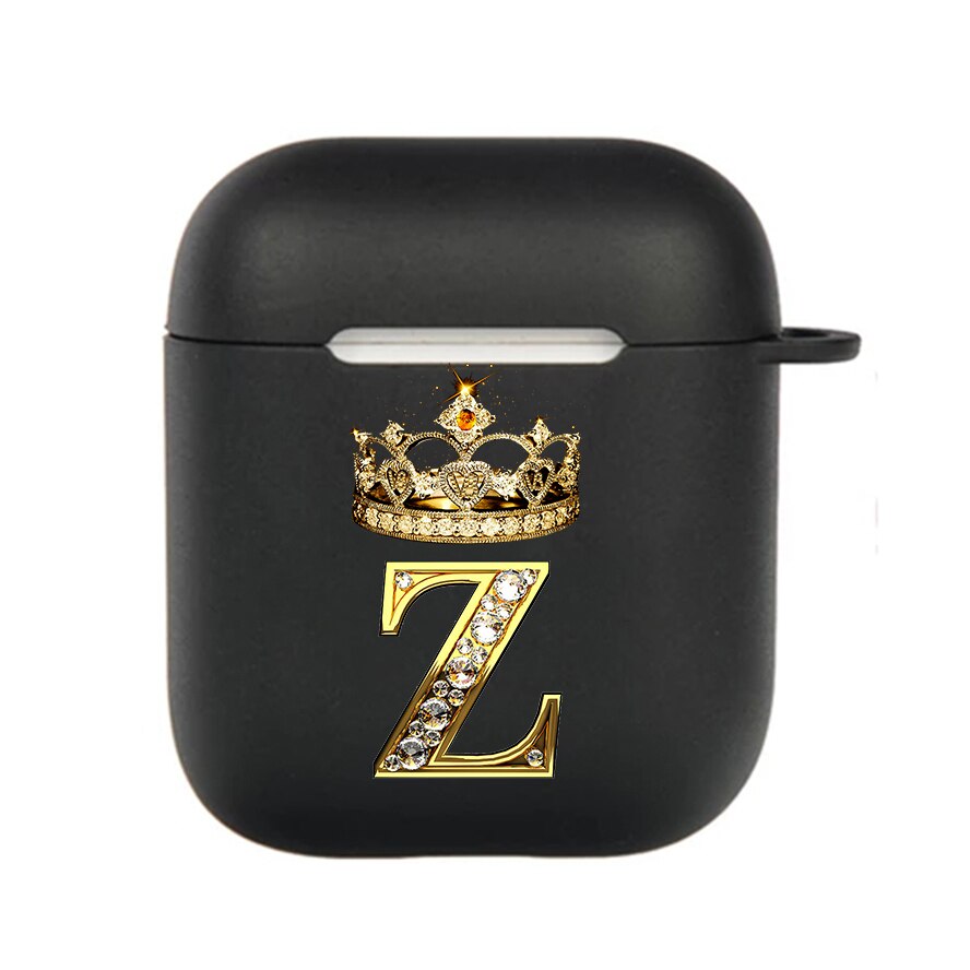 Diamond Crown Letter Airpods Case for AirPods Pro2 3 2 1 Pro Black Wireless Bluetooth Earphone Box Cute A-z Cover