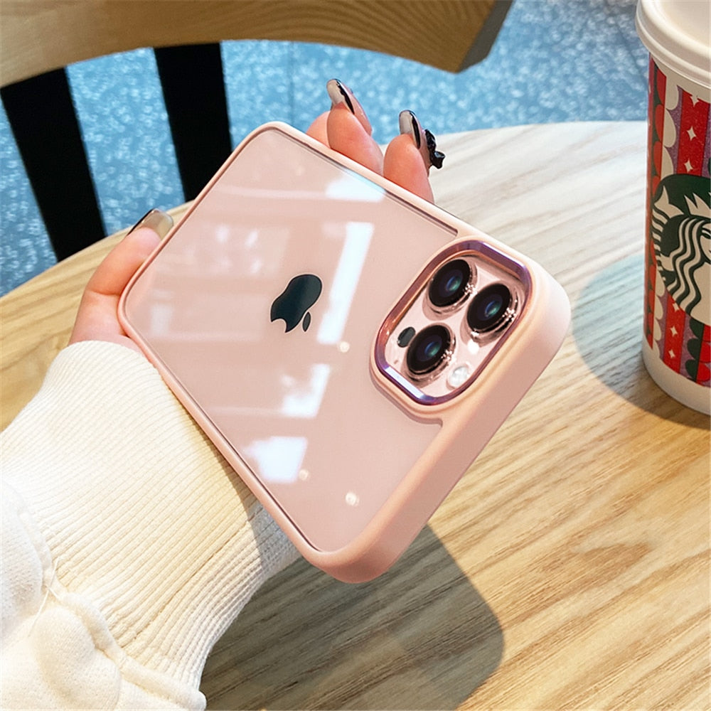 Luxury Transparent Metal Lens Protection Case For iPhone 14 13 12 Mini Silicone Bumper Shockproof Cover